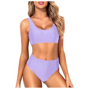 NEW! Women's LARGE Two Piece Scoop Neck Crop Top High Cut High Waisted Swimsuit